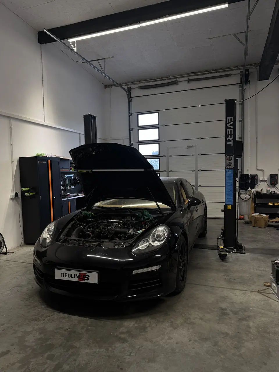 Porsche Panamera in a service bay